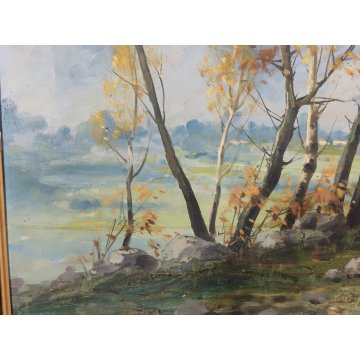 GRANDE ANTICO DIPINTO OLIO Longoni PAESAGGIO ALPINO contadine BAITE GUILLOCHE
