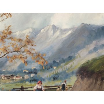 GRANDE ANTICO DIPINTO OLIO Longoni PAESAGGIO ALPINO contadine BAITE GUILLOCHE