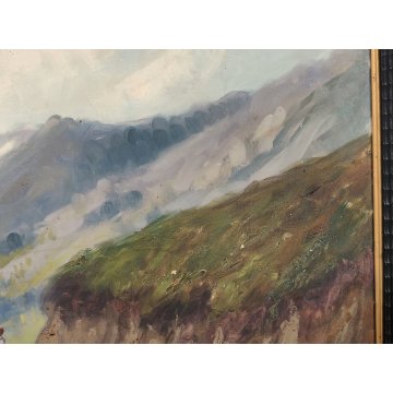 GRANDE ANTICO DIPINTO OLIO Longoni PAESAGGIO ALPINO contadine BAITE GUILLOCHE
