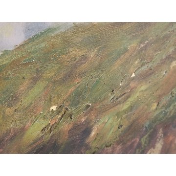 GRANDE ANTICO DIPINTO OLIO Longoni PAESAGGIO ALPINO contadine BAITE GUILLOCHE