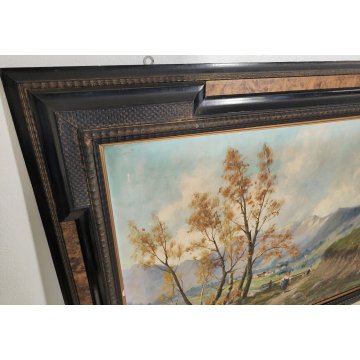 GRANDE ANTICO DIPINTO OLIO Longoni PAESAGGIO ALPINO contadine BAITE GUILLOCHE