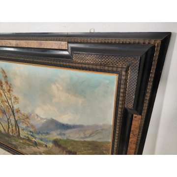 GRANDE ANTICO DIPINTO OLIO Longoni PAESAGGIO ALPINO contadine BAITE GUILLOCHE