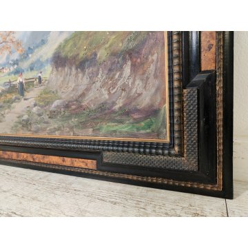 GRANDE ANTICO DIPINTO OLIO Longoni PAESAGGIO ALPINO contadine BAITE GUILLOCHE