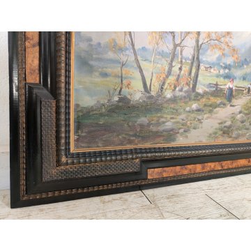GRANDE ANTICO DIPINTO OLIO Longoni PAESAGGIO ALPINO contadine BAITE GUILLOCHE