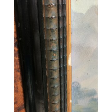 GRANDE ANTICO DIPINTO OLIO Longoni PAESAGGIO ALPINO contadine BAITE GUILLOCHE