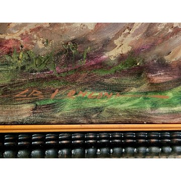 GRANDE ANTICO DIPINTO OLIO Longoni PAESAGGIO ALPINO contadine BAITE GUILLOCHE