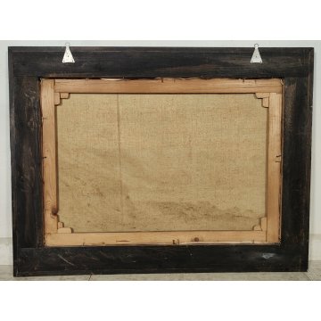 GRANDE ANTICO DIPINTO OLIO Longoni PAESAGGIO ALPINO contadine BAITE GUILLOCHE