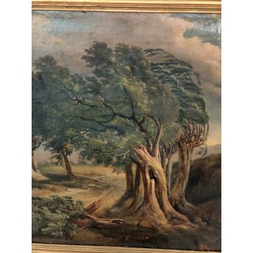 ANTICO QUADRO DIPINTO olio tela PAESAGGIO CAMPAGNA Alberi Bufera CORNICE DORATA