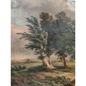 ANTICO QUADRO DIPINTO olio tela PAESAGGIO CAMPAGNA Alberi Bufera CORNICE DORATA