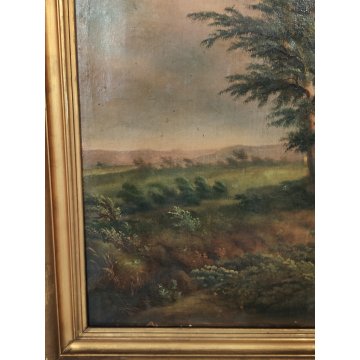ANTICO QUADRO DIPINTO olio tela PAESAGGIO CAMPAGNA Alberi Bufera CORNICE DORATA