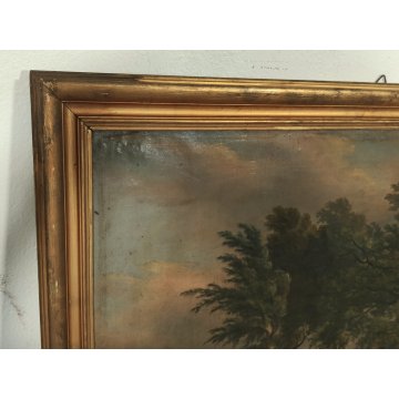 ANTICO QUADRO DIPINTO olio tela PAESAGGIO CAMPAGNA Alberi Bufera CORNICE DORATA