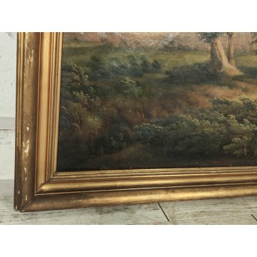 ANTICO QUADRO DIPINTO olio tela PAESAGGIO CAMPAGNA Alberi Bufera CORNICE DORATA