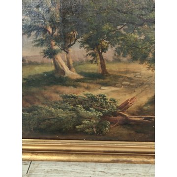 ANTICO QUADRO DIPINTO olio tela PAESAGGIO CAMPAGNA Alberi Bufera CORNICE DORATA