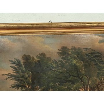 ANTICO QUADRO DIPINTO olio tela PAESAGGIO CAMPAGNA Alberi Bufera CORNICE DORATA