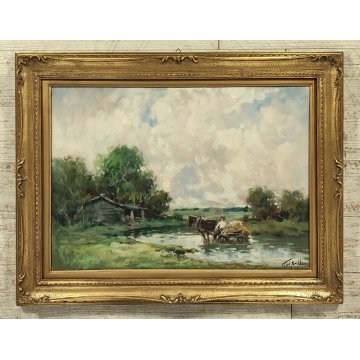 ANTICO QUADRO DIPINTO OLIO TELA Ivan Karpoff PAESAGGIO CAMPAGNA carro LAGHETTO
