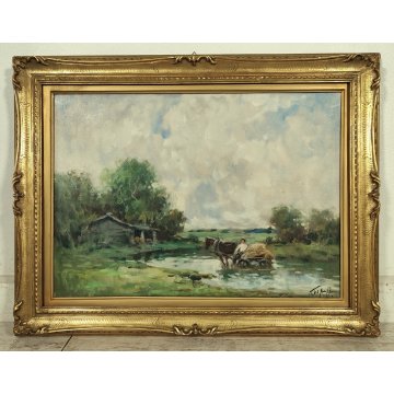ANTICO QUADRO DIPINTO OLIO TELA Ivan Karpoff PAESAGGIO CAMPAGNA carro LAGHETTO