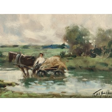 ANTICO QUADRO DIPINTO OLIO TELA Ivan Karpoff PAESAGGIO CAMPAGNA carro LAGHETTO
