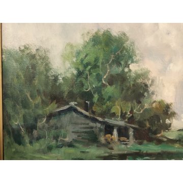 ANTICO QUADRO DIPINTO OLIO TELA Ivan Karpoff PAESAGGIO CAMPAGNA carro LAGHETTO
