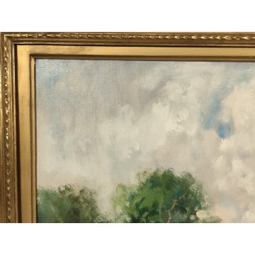 ANTICO QUADRO DIPINTO OLIO TELA Ivan Karpoff PAESAGGIO CAMPAGNA carro LAGHETTO