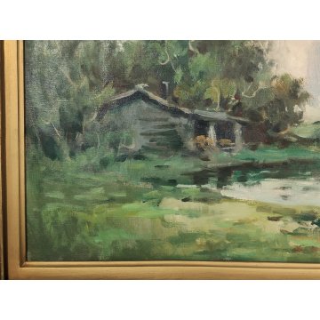 ANTICO QUADRO DIPINTO OLIO TELA Ivan Karpoff PAESAGGIO CAMPAGNA carro LAGHETTO