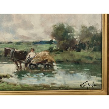 ANTICO QUADRO DIPINTO OLIO TELA Ivan Karpoff PAESAGGIO CAMPAGNA carro LAGHETTO