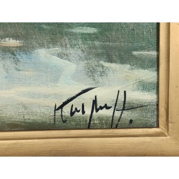 ANTICO QUADRO DIPINTO OLIO TELA Ivan Karpoff PAESAGGIO CAMPAGNA carro LAGHETTO