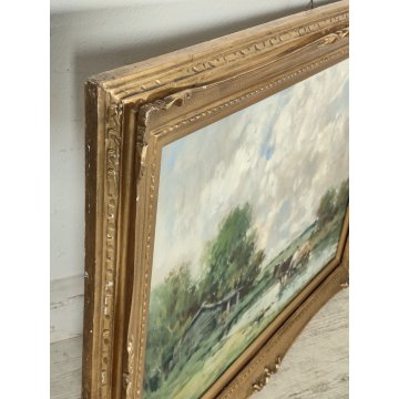 ANTICO QUADRO DIPINTO OLIO TELA Ivan Karpoff PAESAGGIO CAMPAGNA carro LAGHETTO