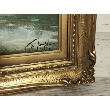 ANTICO QUADRO DIPINTO OLIO TELA Ivan Karpoff PAESAGGIO CAMPAGNA carro LAGHETTO