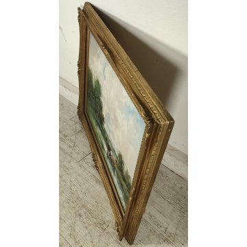 ANTICO QUADRO DIPINTO OLIO TELA Ivan Karpoff PAESAGGIO CAMPAGNA carro LAGHETTO