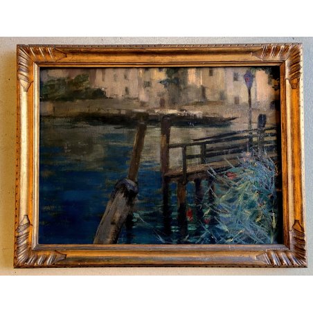 ANTICO QUADRO OLIO Giovanni Beltrami PAESAGGIO LACUSTRE PONTILE Scapigliatura