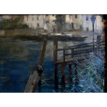 ANTICO QUADRO OLIO Giovanni Beltrami PAESAGGIO LACUSTRE PONTILE Scapigliatura