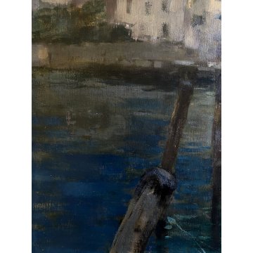 ANTICO QUADRO OLIO Giovanni Beltrami PAESAGGIO LACUSTRE PONTILE Scapigliatura