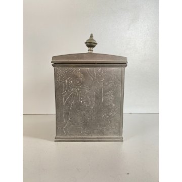 ANTICA SCATOLA PELTRO COPERCHIO DECORO INCISO POESIA SCENE RURALI GERMANY '30