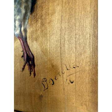 DIPINTO OLIO TAVOLA NATURA MORTA CACCIAGIONE UCCELLI PERNICI CACCIA FIRMATO '900