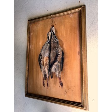 DIPINTO OLIO TAVOLA NATURA MORTA CACCIAGIONE UCCELLI PERNICI CACCIA FIRMATO '900