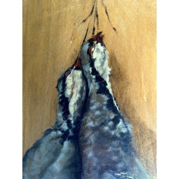 DIPINTO OLIO TAVOLA NATURA MORTA CACCIAGIONE UCCELLI PERNICI CACCIA FIRMATO '900