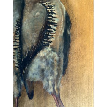 DIPINTO OLIO TAVOLA NATURA MORTA CACCIAGIONE UCCELLI PERNICI CACCIA FIRMATO '900