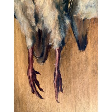 DIPINTO OLIO TAVOLA NATURA MORTA CACCIAGIONE UCCELLI PERNICI CACCIA FIRMATO '900