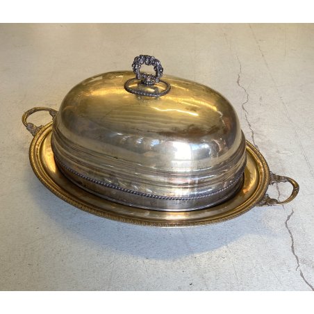 ANTICO GRANDE VASSOIO CUPOLA PORTATA per CARNE RAME OTTONE ARGENTATO PRIMO '900