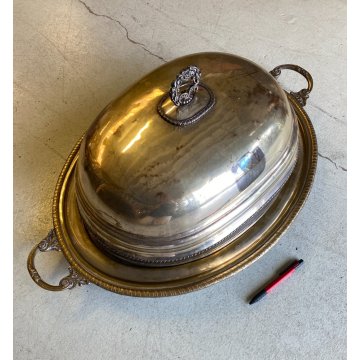 ANTICO GRANDE VASSOIO CUPOLA PORTATA per CARNE RAME OTTONE ARGENTATO PRIMO '900