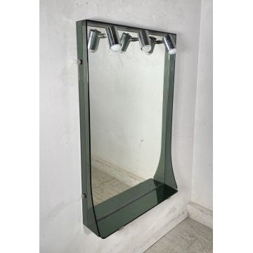SPECCHIO PARETE BAGNO DI Veca METALLO CROMATO 3 LUCI VETRO ANNI 70 MIRROR DESIGN