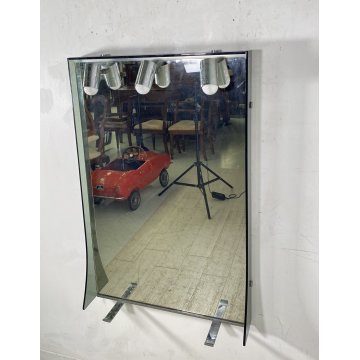 SPECCHIO PARETE BAGNO DI Veca METALLO CROMATO 3 LUCI VETRO ANNI 70 MIRROR DESIGN