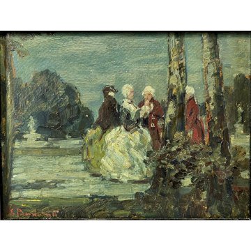 ANTICO DIPINTO OLIO CARTONE GIARDINO SCENA CONVIVIALE DAME CAVALIERI '800 FIRMA
