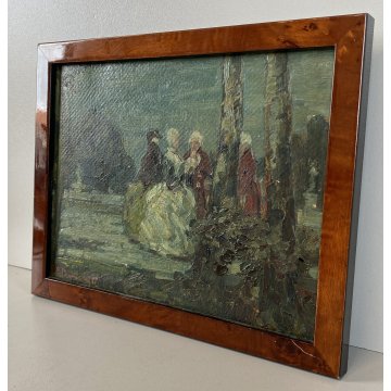 ANTICO DIPINTO OLIO CARTONE GIARDINO SCENA CONVIVIALE DAME CAVALIERI '800 FIRMA