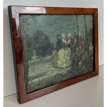 ANTICO DIPINTO OLIO CARTONE GIARDINO SCENA CONVIVIALE DAME CAVALIERI '800 FIRMA