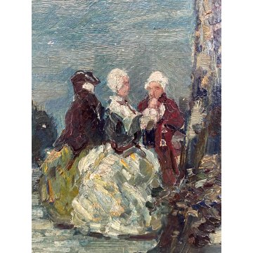 ANTICO DIPINTO OLIO CARTONE GIARDINO SCENA CONVIVIALE DAME CAVALIERI '800 FIRMA