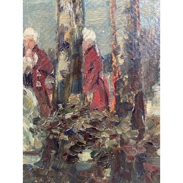 ANTICO DIPINTO OLIO CARTONE GIARDINO SCENA CONVIVIALE DAME CAVALIERI '800 FIRMA