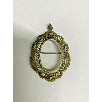 ANTICO GRANDE CIONDOLO SPILLA FILIGRANA PORTAFOTO PORTA MINIATURA ARGENTO 800 