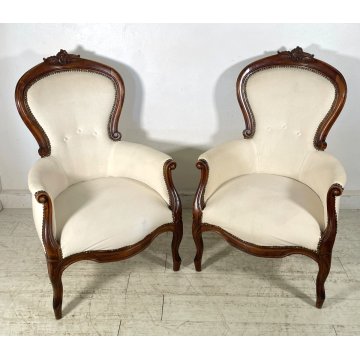 ANTICA COPPIA POLTRONA LUIGI FILIPPO LEGNO STOFFA BIANCA EPOCA '800 ARMCHAIR