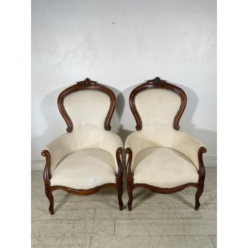 ANTICA COPPIA POLTRONA LUIGI FILIPPO LEGNO STOFFA BIANCA EPOCA '800 ARMCHAIR